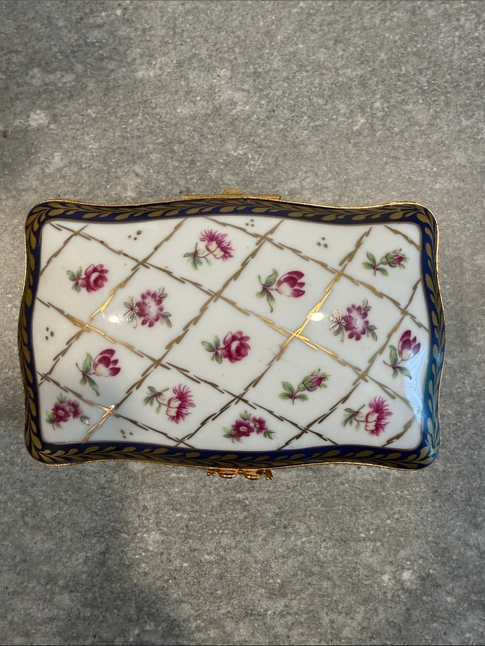 Limoges FraPorcelain Floral Trinket Box with Gold Accents - White, Cobalt & Pink - Picture 2 of 6